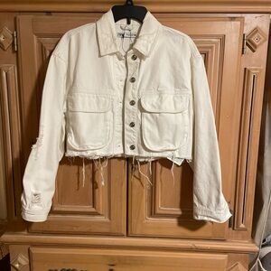 Zara White Cropped Distressed Denim Jacket